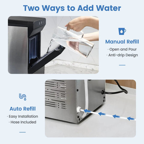 Countertop Nugget Ice Maker Featuring Clear Viewing Window In Silver Finish shows manual and auto refill options for easy use.