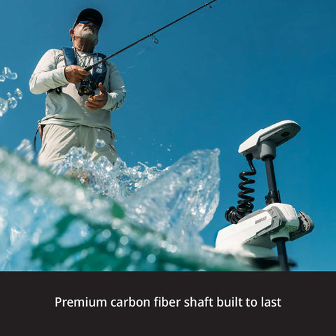 54 Inch Saltwater Trolling Motor With FreeSteer Joystick Remote and Precision GPS Anchoring used by an angler in a marine setting.