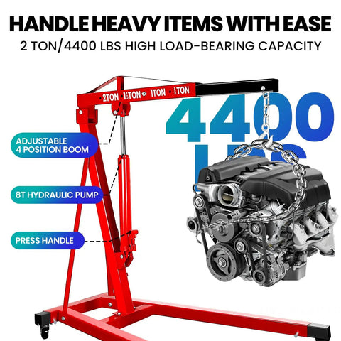 Heavy Duty 2 Ton Folding Hydraulic Engine Hoist Handling Up To 4000 Pounds Without Breaking A Sweat For Home Garages And Pro Auto Shops with adjustable boom and engine.