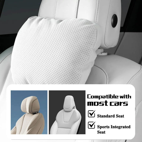 Ultra Comfy 2-In-1 Car Headrest Pillow For Mini Roadster Countryman Paceman Electric John Cooper Works on white leather seat.