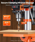 Heavy Duty Benchtop Drill Press Packing A Killer 3.2 Amp Motor And Five Speeds With Ten Inch Swing Plus Tilting Cast Iron Table showing secure clamping and minimal slippage during wood drilling.