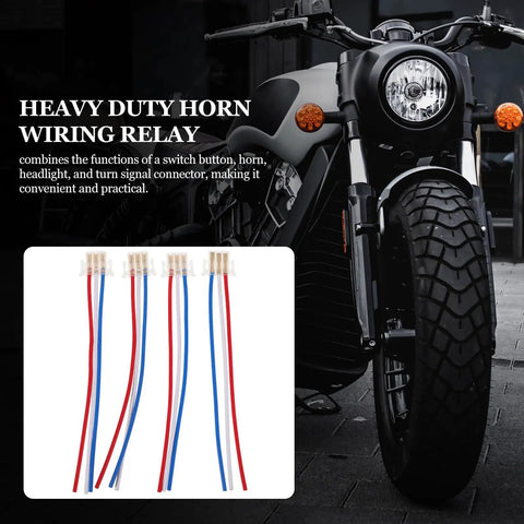 Four Piece Motorcycle Wiring Harness Kit With Copper And Plastic Build for electric bikes and motorcycles shown with heavy-duty relay and motorcycle background.