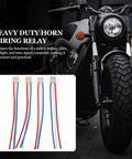 Universal Motorcycle Horn Wiring Harness Kit 4 Piece Copper And Plastic Connectors shown with motorcycle and wiring close-up