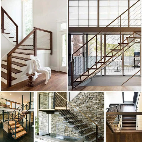 Indoor deck stair railing using 50 Pack 3/8 Inch Angle Beveled Cable Railing Washers for wood and metal posts, T316 stainless steel.