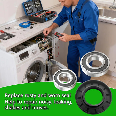 Straight Up Heavy Duty Washer Tub Bearing And Seal Replacement Kit with technician repairing washer components.