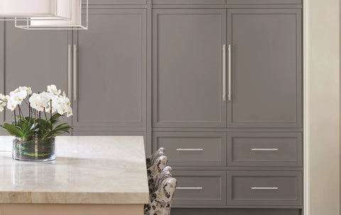Polished Nickel Appliance Bar Pull 18 Inch Center to Center on grey cabinet doors in modern kitchen setting