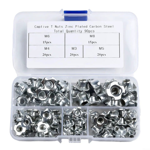 90 Piece Four Prong Tee Nuts Zinc Plated For M3 M5 M6 M8 Threaded Fasteners Beefy And Reliable Heavy Duty Blind Nut Captive Set For Wood