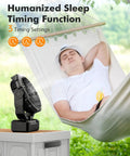 3 In 1 Camping Fan With 36000mAh Battery beside person relaxing in hammock, highlighting sleep timing function