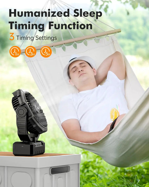 3 In 1 Camping Fan With 36000mAh Battery beside person relaxing in hammock, highlighting sleep timing function