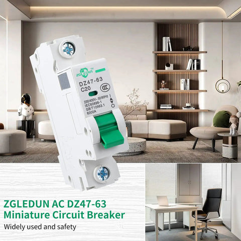 Miniature Circuit Breaker 3 Pack DZ47 63 110/240V 2 Pole 16A MCB for home and solar installations, shown in modern living room setting.