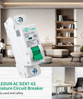 DZ47-63 1 Pole Miniature Circuit Breaker in modern living room, focus on 16A 110V 240V Din Rail MCB for home electrical panel and solar setup
