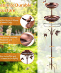 Antique bronze 2 In 1 Outdoor Bird Bath And Feeder, 42 inch tall metal stand with dual bowls for water and food, bird accents