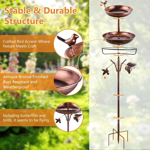 Antique bronze 2 In 1 Outdoor Bird Bath And Feeder, 42 inch tall metal stand with dual bowls for water and food, bird accents