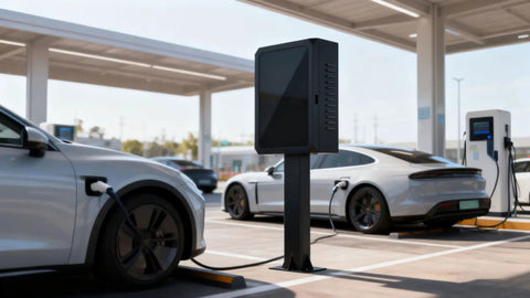 Heavy Duty Outdoor EV Charger Cover With Waterproof Lockable Shell And Worry Free Mount Base For NACS J1772 Plugs in parking lot.