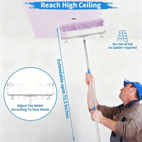 18 Inch Paint Roller Kit With Long Reach Pole And Deep Paint Tray For Fast Wall Ceiling Application, adjustable extendable pole in use.