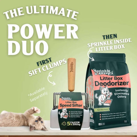 5X Faster No Shake Metal Cat Litter Scoop with Stainless Steel Sifting Design and Holder, product display with deodorizers