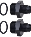 6AN Flare To AN8 ORB Male Fitting Adapter Dual Pack In Aluminum 6061-T6, 9/16-18 UNF To 3/4-16 UNF With O-Ring Seal, High-Performance AN Line Adapter For Car Enthusiasts And Tuner Projects. Two black aluminum adapters with O-rings