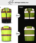 Day and night view of Pro Grade 10 Pocket Hi Vis Safety Vest With Zipper For Real Work Durability Class 2 High Visibility Reflective Strips ANSI ISEA 107 2020 Type R Lime Black 2XL showing front and back.