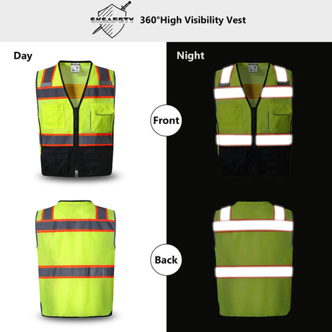 Hi Vis Safety Vest Class 2 Type R ANSI ISEA 1072020 With Lime Black Color, front and back view day and night
