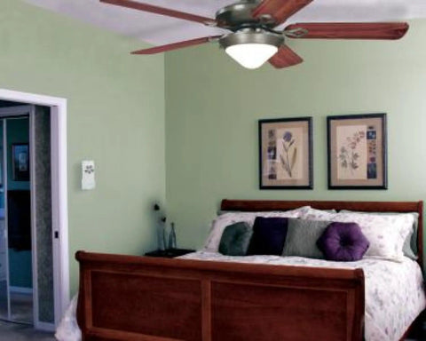 Bedroom with ceiling fan, featuring Ceiling Fan And Light Remote Control With Wireless Range Up To Fifty Feet Three Fan Speeds And Light Dimmer Replacement Remote For Most Household And Industrial Ceiling Fans No More Getting Up mounted on the wall.