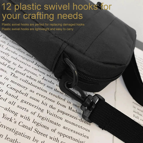 Top Shelf 12 Piece Plastic Swivel Snap Hooks For 1 Inch Webbing Straps With Slick 360 Degree Spin Rock Solid Clasp Hardware on bag.