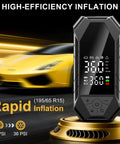 Cordless Tire Inflator Portable Air Pump With LED Light And Smart Digital Gauge, 150 Psi next to a yellow sports car