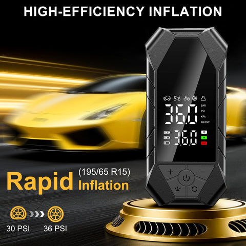 Cordless Tire Inflator Portable Air Pump With LED Light And Smart Digital Gauge, 150 Psi next to a yellow sports car