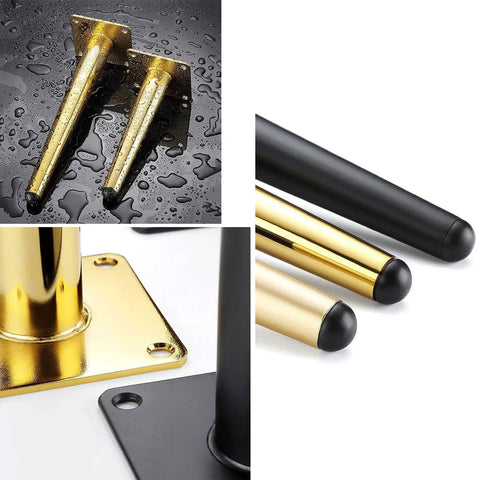 Rock Solid Four Piece Steel Cone Table Legs For Hella Tough DIY Furniture Upgrades Featuring Wide Base Plates And Rust Resistant Metal Supports For Desks Cabinets Chairs in gold and black finish.