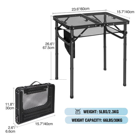 Foldable Grill Table For Outdoors, Lightweight Aluminum Frame, Height Adjustable, Dense Mesh Desktop, Compact 2 Feet, Black