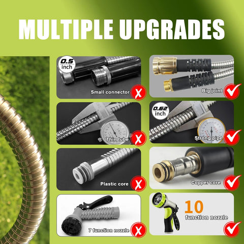 Front view of 50 ft stainless steel garden hose, yellow, flexible heavy-duty with 10-function spray nozzle
