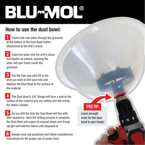Blu-MOL dust bowl for hole saws, clear plastic bowl attached to drill with setup instructions