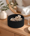 Super Handy Small Woven Cotton Rope Basket For Versatile Home Organization Black Storage Bin for jewelry and hair accessories.