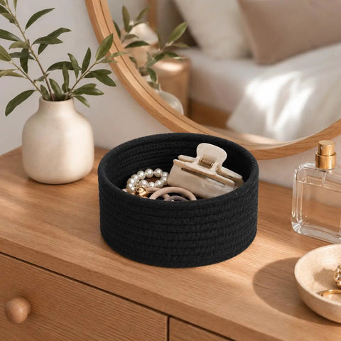 Super Handy Small Woven Cotton Rope Basket For Versatile Home Organization Black Storage Bin for jewelry and hair accessories.