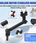 Side view of universal trolling motor stabilizer bracket with 8-in extension arm and adjustable knob for boat track systems.