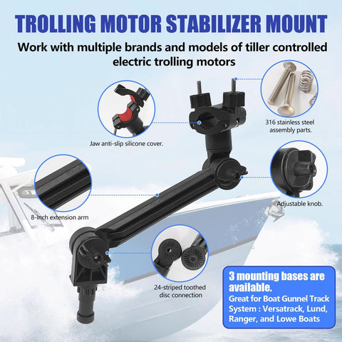 Side view of universal trolling motor stabilizer bracket with 8-in extension arm and adjustable knob for boat track systems.