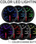 Front view of GlowShift 52mm oil pressure gauge kit, set of seven with 7-color LED display and black dial