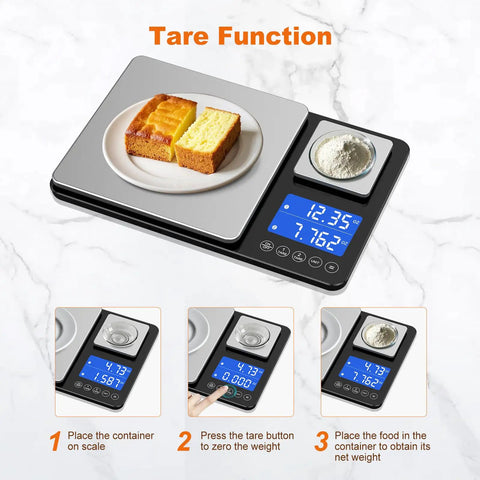 Dual Platform Kitchen Scale Pro Grade 33 Lb Large Scale And 1.1 Lb Mini Scale for baking with tare function in use
