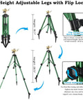 Diagram showing three adjustable heights of Two Pack Impact Sprinklers On Tripod Bases With 360 Degree Brass Heads, including locks and stabilizing knob.