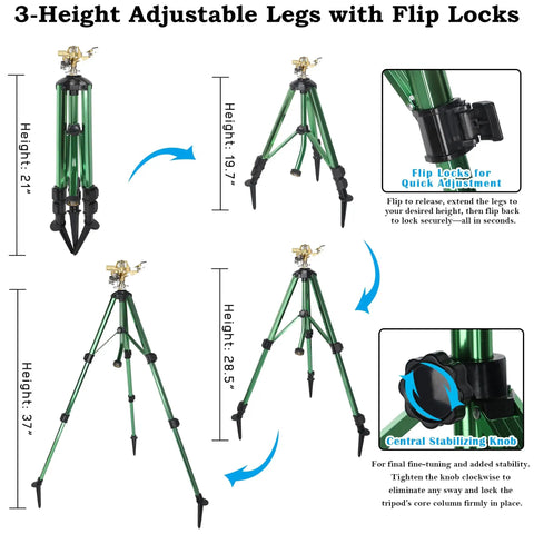 Diagram showing three adjustable heights of Two Pack Impact Sprinklers On Tripod Bases With 360 Degree Brass Heads, including locks and stabilizing knob.