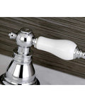 Close-up of American Patriot Widespread Lavatory Faucet in polished chrome showing handle detail, ceramic disc cartridge visible.