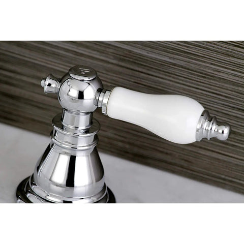 Close-up of American Patriot Widespread Lavatory Faucet in polished chrome showing handle detail, ceramic disc cartridge visible.