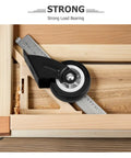 Close-up of a black heavy duty caster wheel mounted on wood, part of the 4 Pack Heavy Duty Side Mount Caster Set Built Tough Silent Glide Sliding Door Hardware For Barn Doors Wardrobes Cabinet Plant Stand Trolley Replacement Rail Roller Kit.