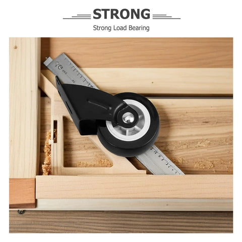Close-up of a black heavy duty caster wheel mounted on wood, part of the 4 Pack Heavy Duty Side Mount Caster Set Built Tough Silent Glide Sliding Door Hardware For Barn Doors Wardrobes Cabinet Plant Stand Trolley Replacement Rail Roller Kit.