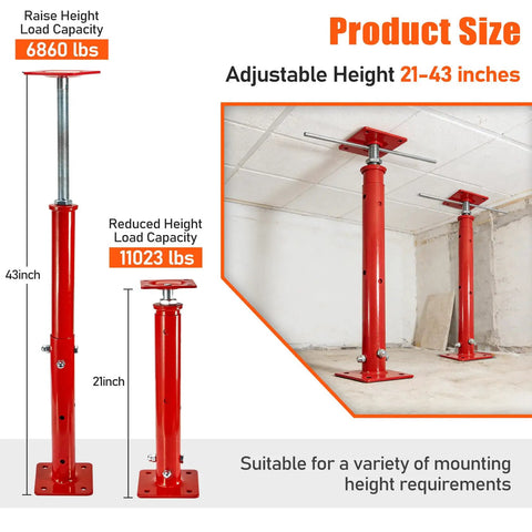 Two Pack Hella Tough Steel House Floor Jacks Adjustable Height From 21 To 43 Inches Handling 11023 Pounds With Swiveling Top Plate For Reliable Basement Support Work product size display on wall.