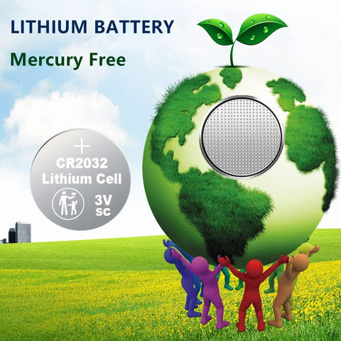 Dead Nuts Reliable 50 Pack CR2032 3 Volt Lithium Coin Batteries With Five Year Shelf Life For Car Remotes Keyless Entries Digital Watches Calculators And Computers Big Time Power Boost with green earth and battery graphic.