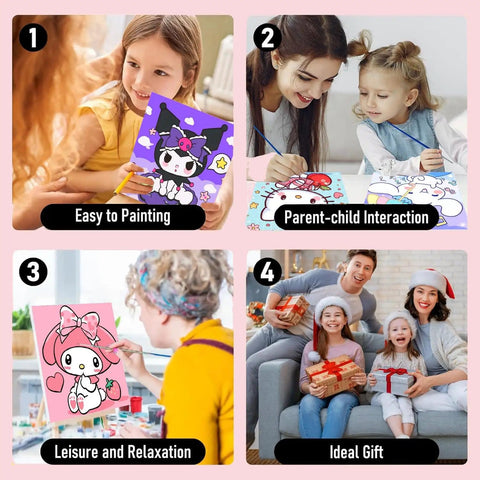 4 Pack Kids Paint By Numbers Kit With Frame And Wooden Easel Kid Friendly DIY Acrylic Paint By Numbers Set for Ages 4 8 12 shown in use by kids and families.