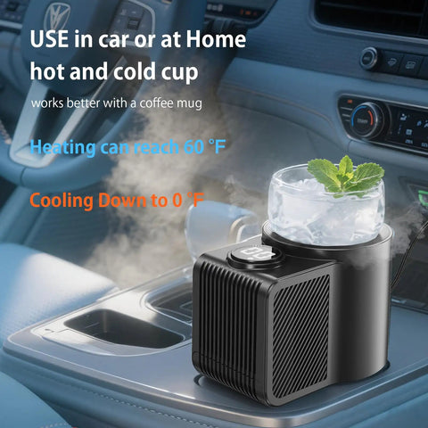 Road Warrior Ready 2 In 1 Car Heating Cooling Cup serving in a car console, featuring cooling and heating functions with digital display.