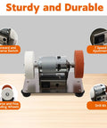 Compact Mini Bench Grinder With An All Brass Brushless Motor And Rock Solid Steel Frame showing grinding wheels and speed switch.