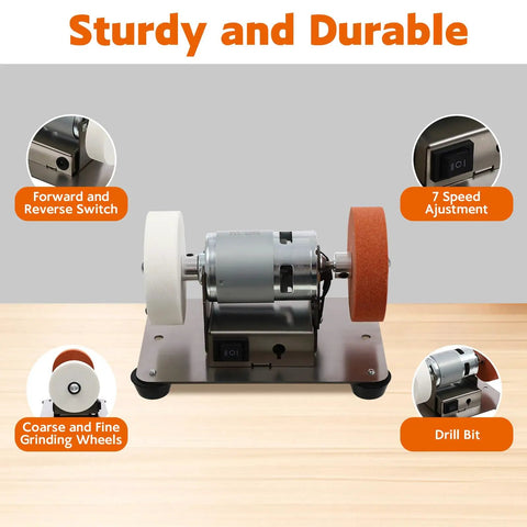Compact Mini Bench Grinder With An All Brass Brushless Motor And Rock Solid Steel Frame showing grinding wheels and speed switch.