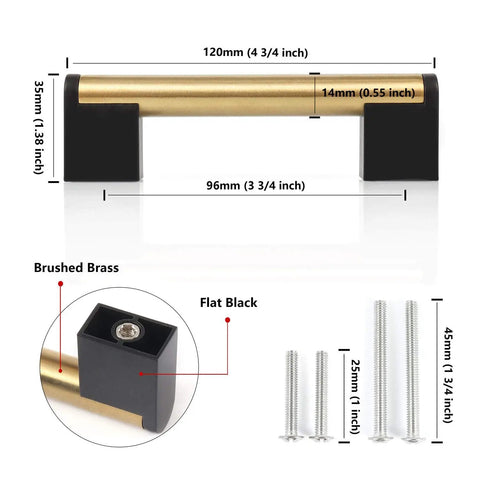 Gold And Black Cabinet Handles Pack Of 10 Slick Brushed Brass Look Drawer Pulls For Kitchen Bath And Bedroom Furniture Three And Three Quarters Inch Hole Centers 96 mm Durable Zinc Alloy With Stainless Steel Tube Core product details with dimensions and screws
